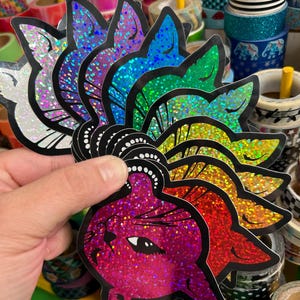 SALE Retro Sparkle Glitter Rainbow Winking Cat Sticker Retro Vending