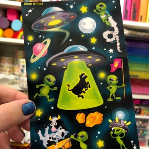 Sheet of Alien UFO Cow Abduction Planet Space Stickers