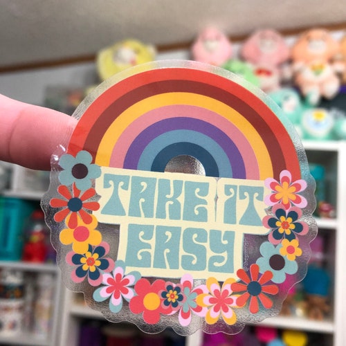 Take it Easy Sticker marguerite rétro arc-en-ciel groovy vinyle années 70 60 hippie