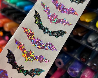 Set of 12 Purple and Black Sparkle Glitter Bat Stickers Halloween Rainbow Prism