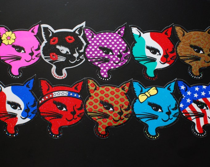 Set of ALL 10 GLITTER Winking Cat Stickers Retro Vending Etsy