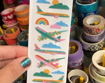 Fuzzy Rainbow Airplane Sky Cloud Stickers Flocked