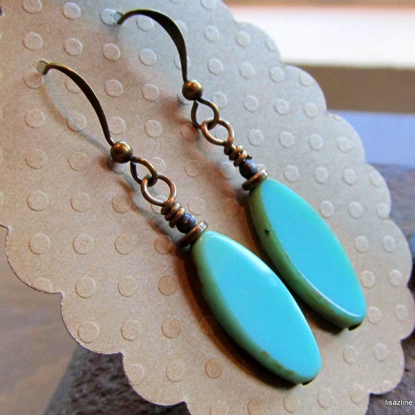 SALE . Tumbled Turquoise . Handmade Earrings with Picasso Glass Beads on Brass . OOAK