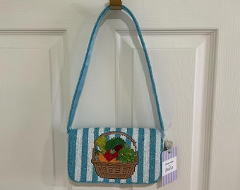 Cesta para verduras con cuentas hechas a mano, bolso de hombro azul y blanco