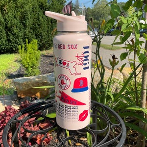 Red Sox Light Pink Water Bottle with Permanent Decals