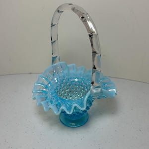 Vintage Fenton Hobnail Petite 6” Blue Opalescent Art Glass Basket Clear Glass Handle