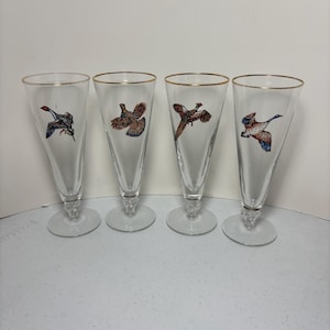May include: Set of four clear glass pilsner glasses with gold rims. Each glass features a different colorful illustration of a bird in flight. The glasses have a classic, elegant design, perfect for serving beverages.