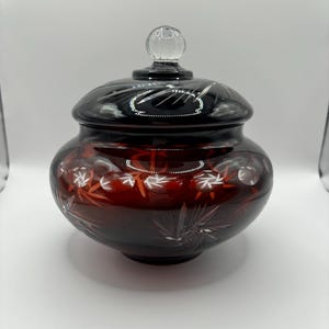 Vintage Bohemian Ruby Red Cut to Clear Crystal Candy Dish with Lid.