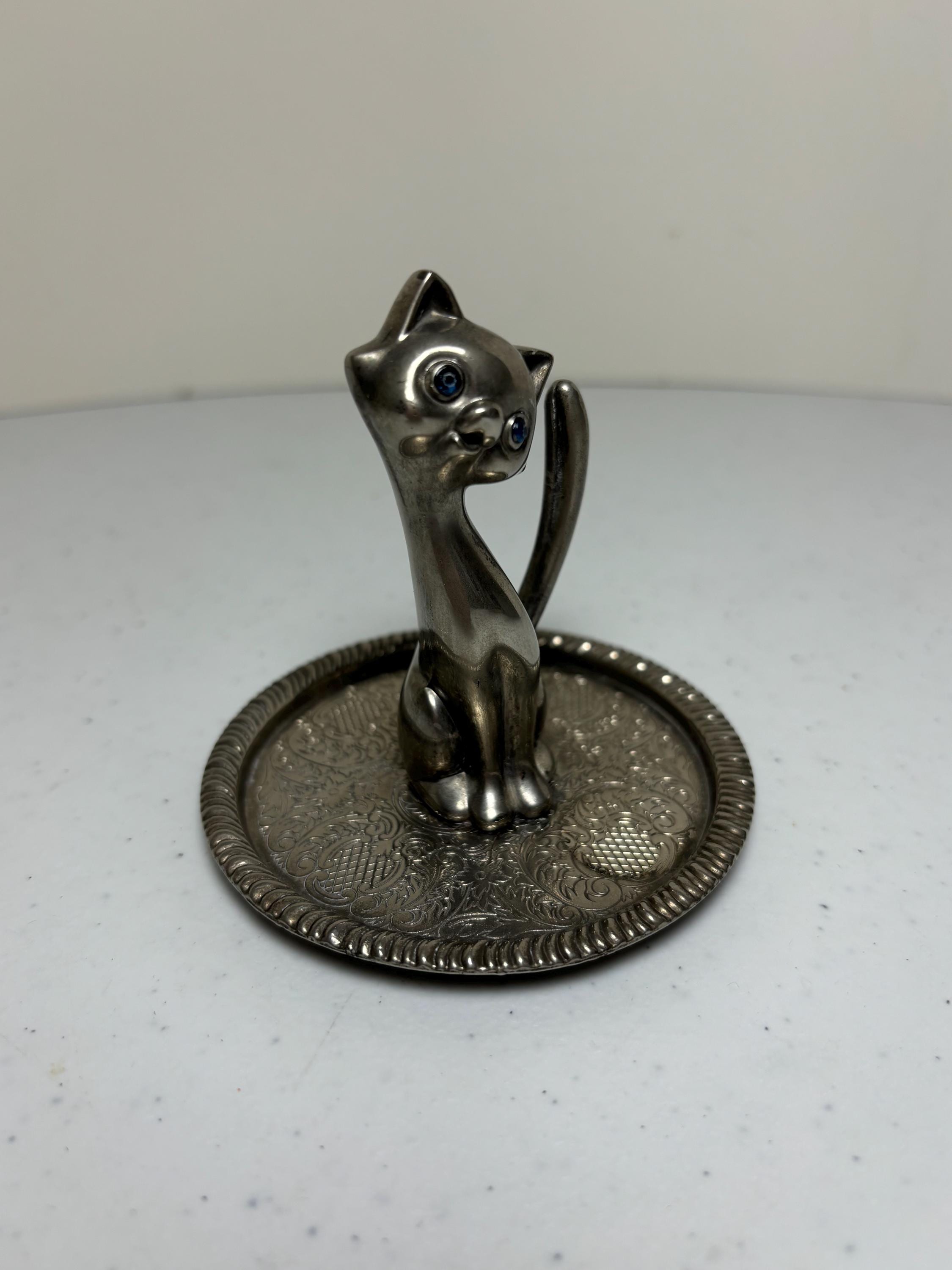 Vintage EP Zinc Alloy Silver Blue Rhinestone Eyed Cat 3” Ring
