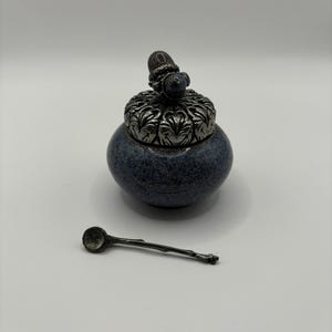 Vintage Pottery Salt Cellar with Metal Lid with Pottery Acorns and Metal Salt Spoon