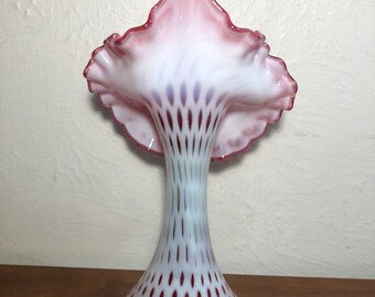 フェントン　オパールセント　コインドット　花瓶 見事なヴィンテージ フェントン クランベリー ガラス オパール