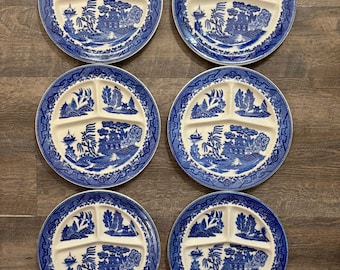 Antique Blue Willow Divided Plate Set: Moriyama Japan Transferware