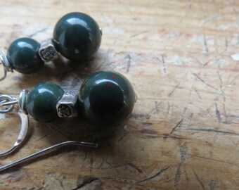 Dark green bloodstone silver earrings