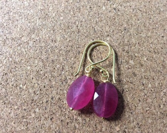 pink Jade oval earrings, gold vermeil.