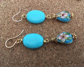 Tuquoise and cloisonne gold vermeil earrings