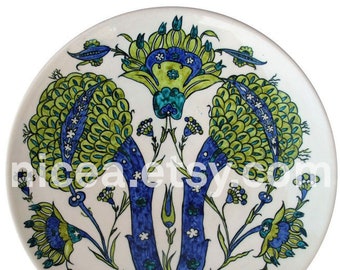 Damascus-Style Iznik Pottery Dish with Green Artichokes - Handmade - Home Decor - Fine Art Ceramics