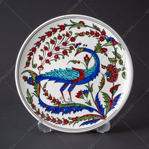 Rimless Iznik Pottery Dish with Bird - Handmade - Home Decor - Fine Art Ceramics