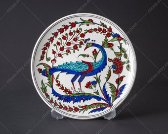 Rimless Iznik Pottery Dish with Bird - Handmade - Home Decor - Fine Art Ceramics