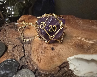 Dados de D&D de cristal de gran tamaño | Collar de dados de piedras preciosas reales | Ágata obsidiana y amatista | Dado tallado de Dungeons and Dragons | Accesorios TTRPG DND