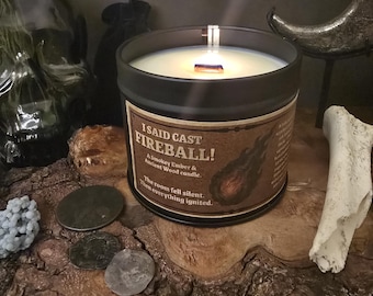 Vela "Dije que lances bola de fuego" / Regalo de D&D para Dungeon Master / Vela de fantasía de soja con mecha de madera / Regalo geek hecho a mano para gamers / D&D TTRPG