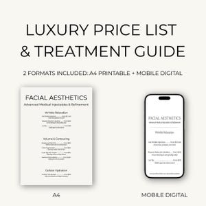 Può includere: Un listino prezzi di lusso e una guida al trattamento digitale e stampata. La guida include due formati: A4 stampabile e digitale mobile. Il testo sulla guida include "Facial Aesthetics" e "Wrinkle Relaxation".