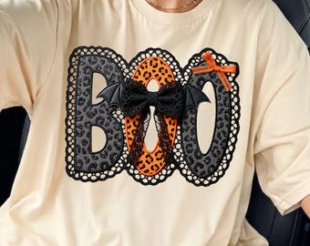 Boo Halloween png, kant luipaard boo ontwerp, coquette griezelig seizoen png, girly halloween boo png, vleermuis boog boo png, trendy boo halloween png
