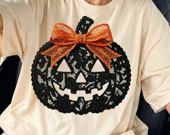 Dentelle d'Halloween citrouille Png, Design citrouille noeud orange, citrouille effrayant Png, citrouille d'Halloween girly Png, Halloween tendance Png