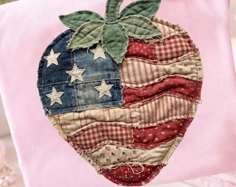 Patchwork Strawberry PNG, American Flag Coquette Design (Digital Download)
