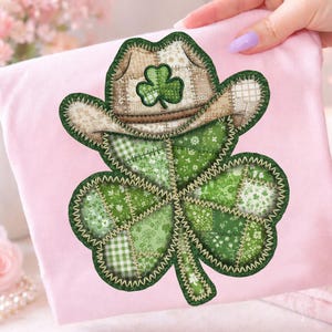 St Patrick’s Day Patchwork Clover PNG, Cowboy Hat Shamrock Design, Western Lucky Clover, Quilted Green Clover PNG, Cowboy Hat Clover PNG