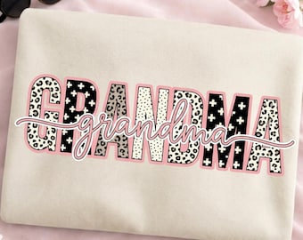 Preppy Leopard Grandma PNG, Pink Block Letter Grandma Clipart, Mother’s Day Digital Download