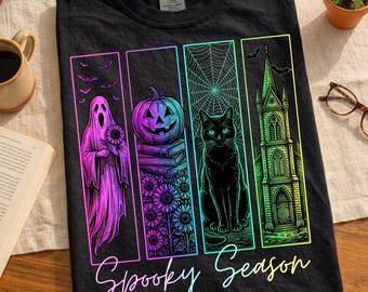 Neon spookachtig seizoen png, Halloween-ontwerp neon, kleurrijke Halloween png, neonspook png, zwarte kat Halloween png, spook Halloween png