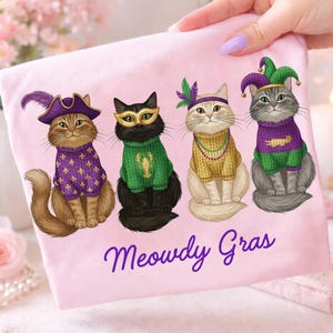 Meowdy Gras Cat PNG, Mardi Gras Cats Design, Funny Carnival Cat Graphic, Purple & Gold Text Versions, Mardi Gras Cat Shirt Design, Digital