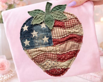 Patchwork Strawberry PNG, American Flag Coquette Design (Digital Download)