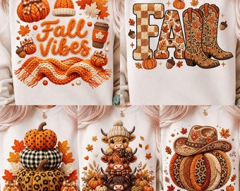 May include: A white sweatshirt featuring five distinct fall-themed graphic designs. The prints include pumpkins, cowboy boots, a knit hat, a scarf, a coffee cup, highland cows, and a cowboy hat, all rendered in orange, brown, and tan autumn colors.