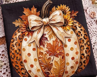 Calabaza leopardo PNG, diseño de calabaza con lazo otoñal, gráfico de girasol otoñal, diseño de calabaza con hojas de otoño, calabaza de temporada PNG