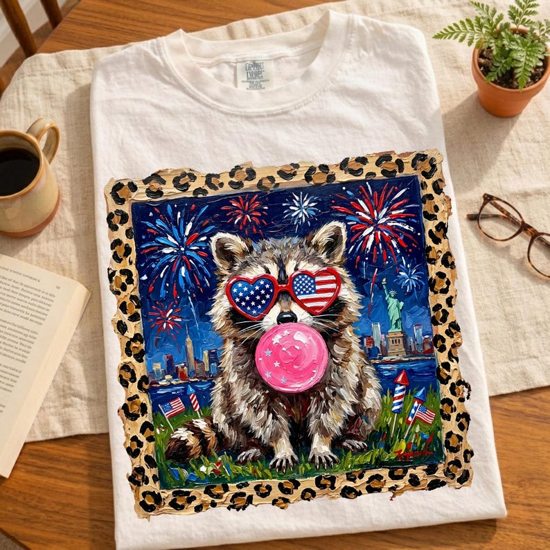 May include: White t-shirt featuring a raccoon wearing heart-shaped sunglasses with American flag designs, blowing a pink bubble. The graphic includes fireworks, the Statue of Liberty, and a leopard print border.