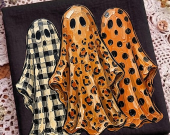 Trío de fantasmas preppy PNG, diseño de fantasma de Halloween a cuadros de leopardo, PNG de Halloween de moda, PNG de fantasma de temporada espeluznante