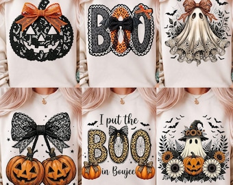 May include: A collection of six white sweatshirts featuring Halloween-themed graphics including a lace pumpkin, leopard print text reading BOO, a ghost with a bow, pumpkins with a lace bow, text reading I put the BOO in Boujee, and a ghost with sunflowers.