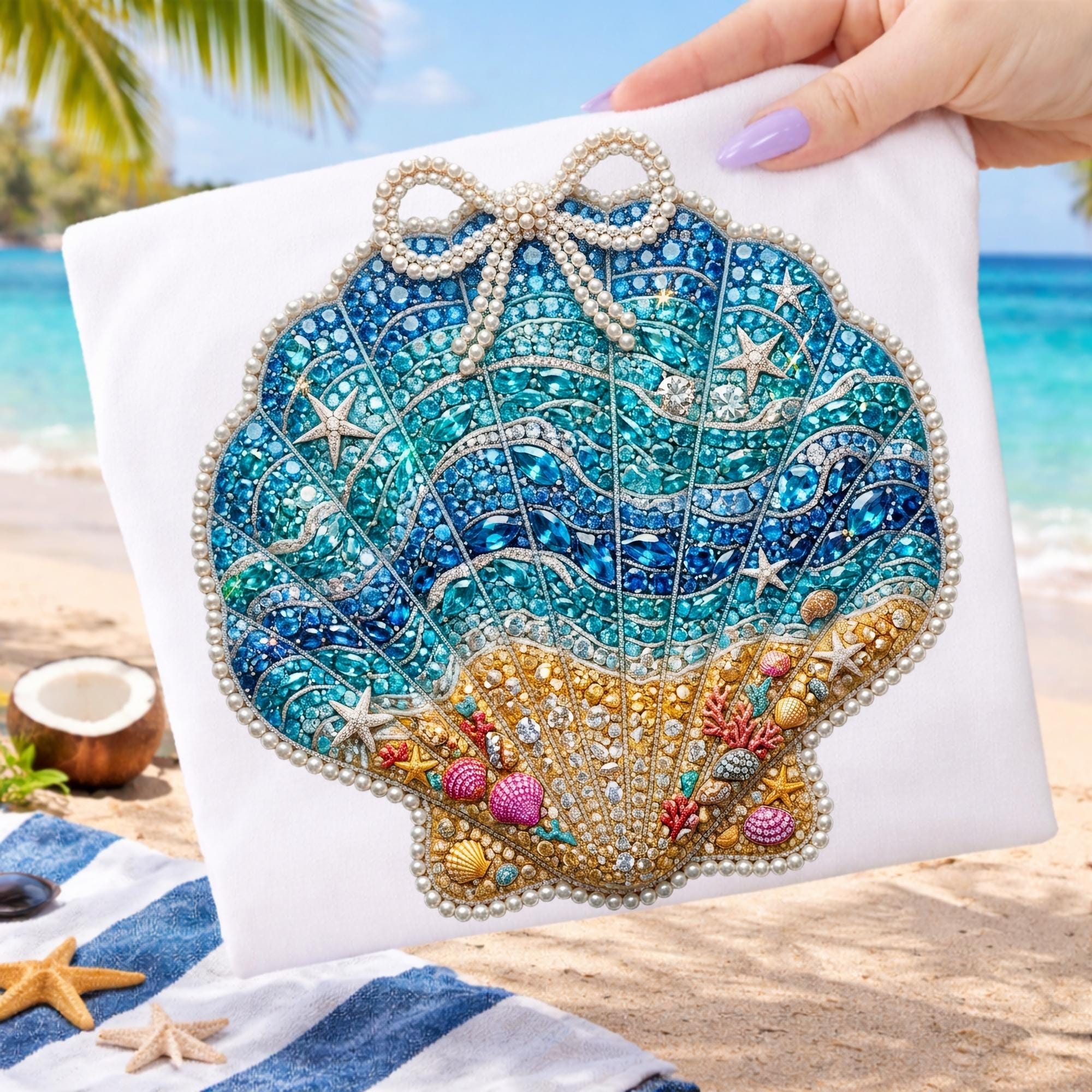Faux Rhinestone Seashell PNG, Pearl Bow Coastal Design, Sparkly Ocean ...