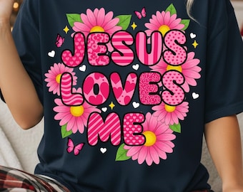 Jésus m'aime PNG, conception de foi de la Saint-Valentin, graphique coeur floral rose, chemise chrétienne de la Saint-Valentin, PNG religieux mignon