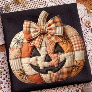 Patchwork Pumpkin Png, Patchwork Bow Pumpkin Design, Coquette Halloween Pumpkin Design, Spooky Pumpkin Png, Trendy Fall Png, Autumn Png