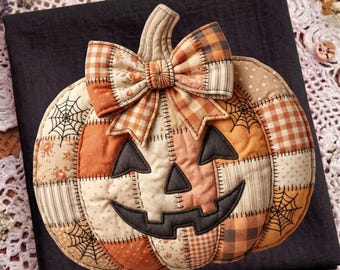 Zucca patchwork PNG, design zucca con fiocco patchwork, design zucca civettuola di Halloween, zucca spettrale PNG, autunno di tendenza PNG, autunno PNG