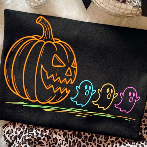 Neon Pumpkin Ghost Png, Cute Halloween Ghost Trio Design, Neon Halloween Png, Spooky Pumpkin Halloween Design, Colorful Halloween Png