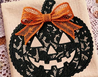 Zucca di pizzo di Halloween PNG, design di zucca con fiocco arancione, zucca spettrale PNG, zucca di Halloween femminile PNG, Halloween alla moda PNG