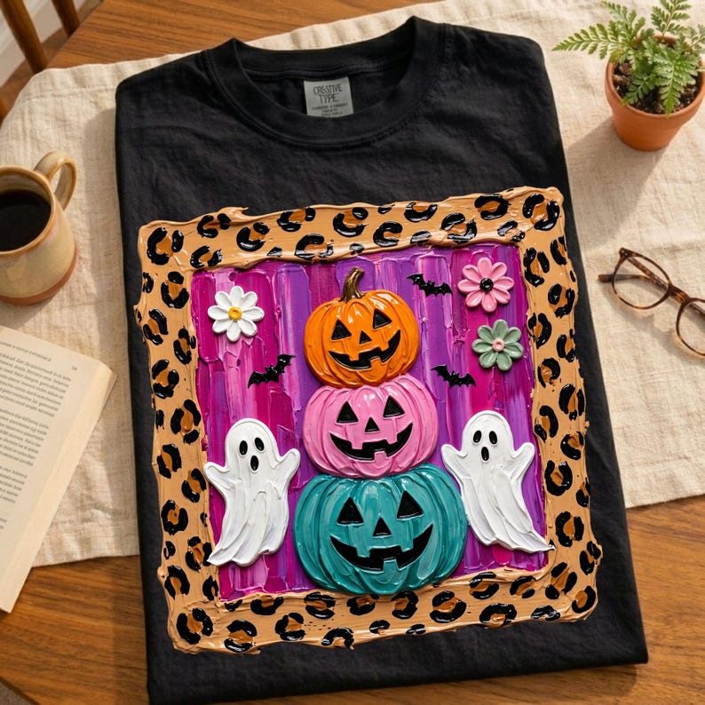 Puede incluir: Una camiseta negra con un gr&aacute;fico cuadrado con borde de estampado de leopardo. El centro muestra una pila de tres calabazas en naranja, rosa y turquesa, flanqueadas por dos fantasmas blancos, peque&ntilde;os murci&eacute;lagos negros y flores rosas y verdes.