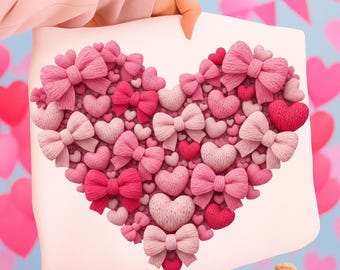 Coquette Valentine Heart PNG, Faux Yarn Bows, Pink Knitted Hearts (Digital Download)