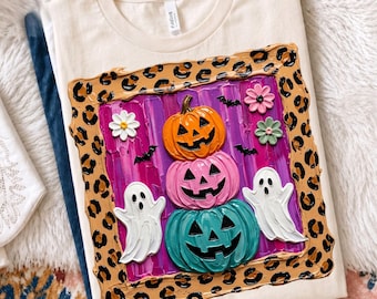 Diseño de leopardo preppy para Halloween en formato PNG, diseño de fantasma de calabaza colorido, diseño de Halloween femenino en formato PNG, diseño preppy para la temporada de Halloween, diseño de fantasma y murciélago.