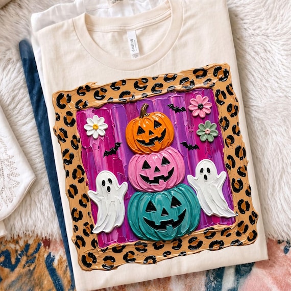Preppy Leopard Halloween Png, Colorful Pumpkin Ghost Design, Girly Halloween Png, Preppy Spooky Season Design, Ghost and Bat Design