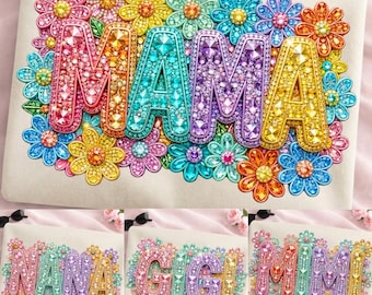 Zestaw Rhinestone Mama Nana Gigi Mimi PNG, Kolorowy wzór z kwiatowymi przezwiskami babci z kamieni szlachetnych, Błyszcząca Mama PNG, Błyszczący Dzień Matki PNG