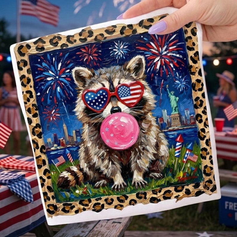 May include: A square decorative plate featuring a raccoon wearing heart-shaped sunglasses with American flag designs, blowing a pink bubble. The background shows fireworks, the Statue of Liberty, and a cityscape. The plate has a leopard print border.